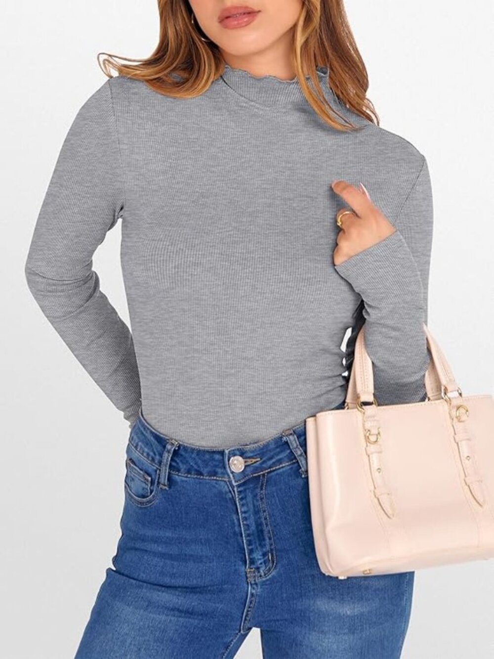Gray Lettuce Trim Mock Neck Long Sleeve Shirt